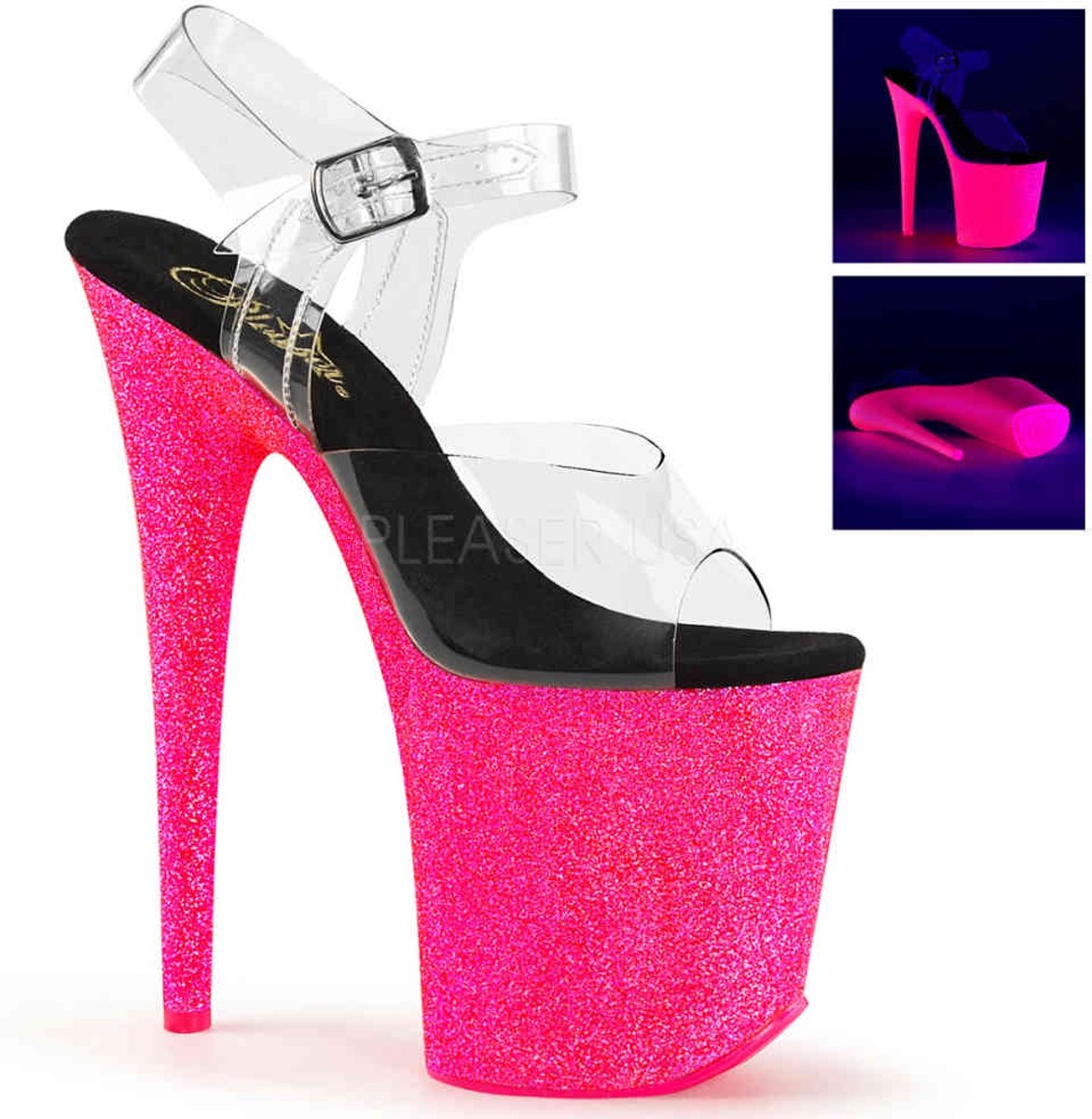 EU 36 = US 6 | FLAMINGO-808UVG | 8 Heel, 4 PF Ankle Strap Sandal w/Neon UV Reactive BTM